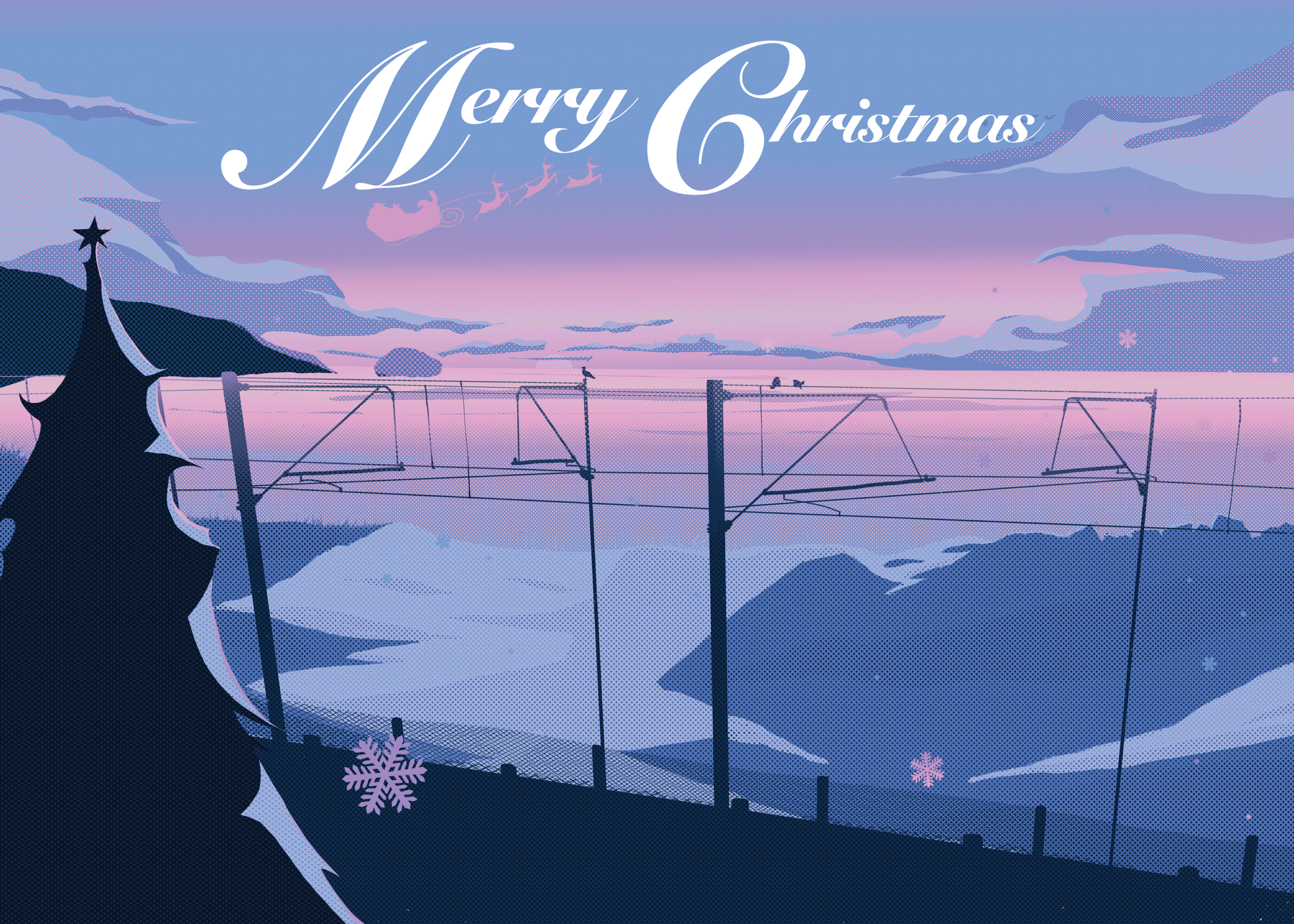 Christmas-themed illustration with a silhouette of a Christmas tree, snowy landscape, and 'Merry Christmas' text.