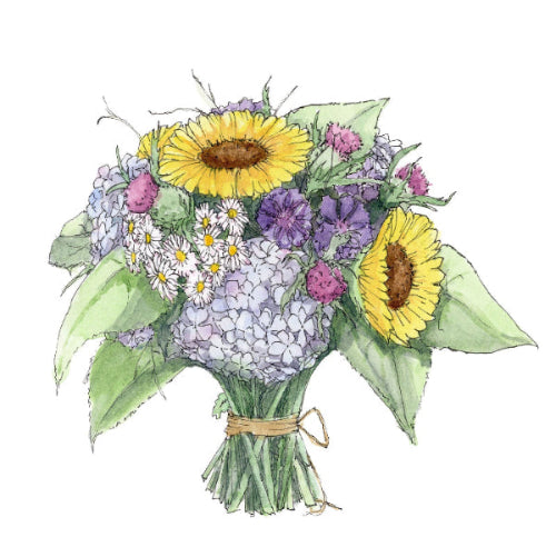 Bouquet of sunflowers and other flowers on a white background