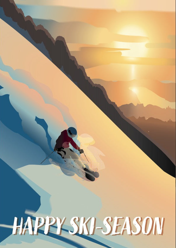 Skiier descending a mountain with a sunset in the background, text 'Happy Ski-Season' at the bottom.