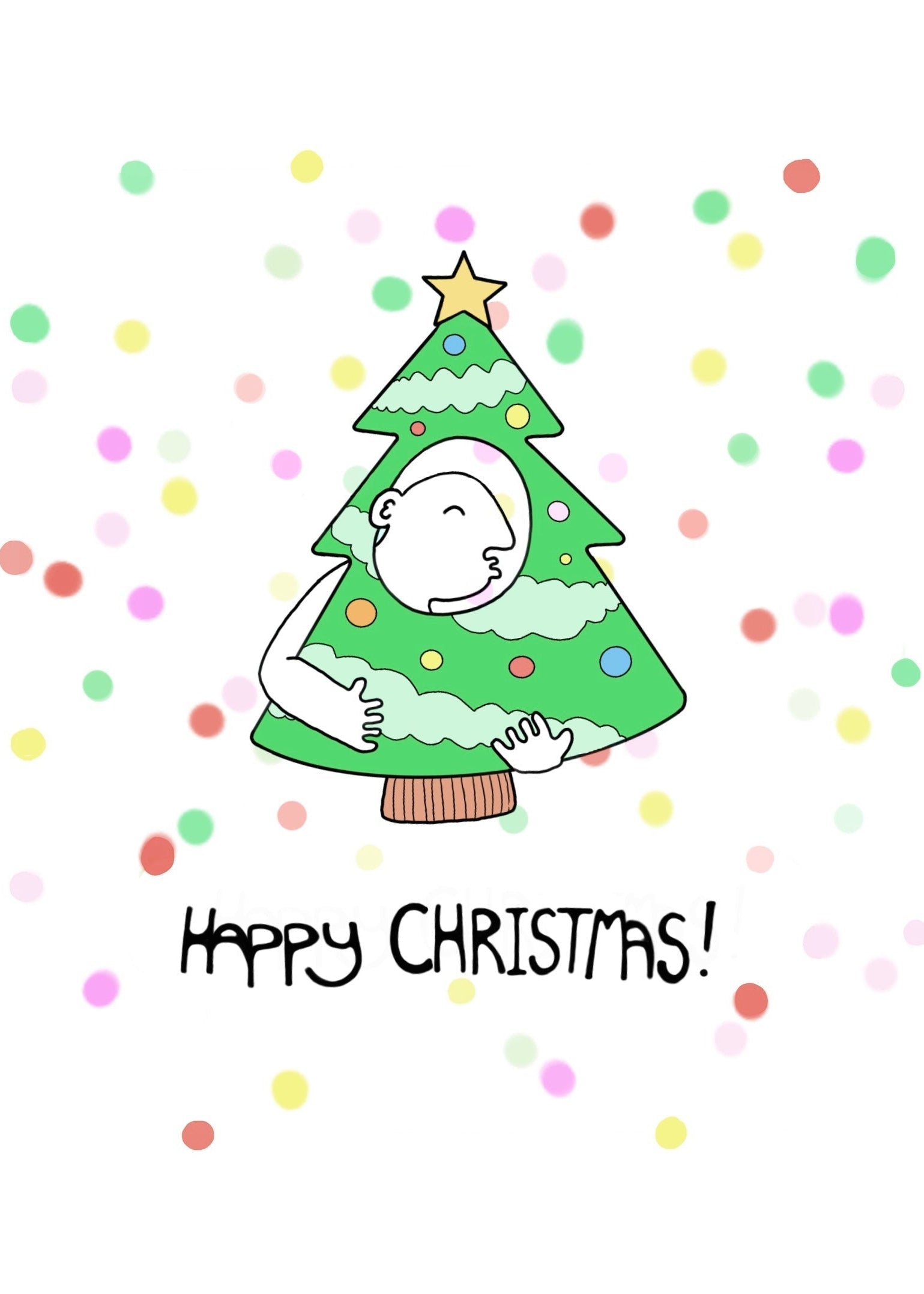 Illustration of a person inside a decorated Christmas tree with colorful confetti on a white background.